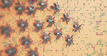 Scattering metallic spiderlike microrobots crawling on beige wafer, reflecting green magenta nodes