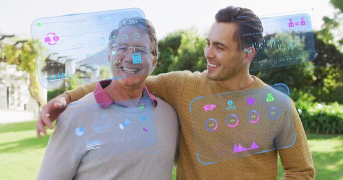 Father and son walking in front yard, wearing sweaters one wearing glasses viewing AR panels - Powered by Adobe