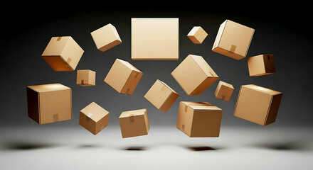 Multiple cardboard boxes floating in midair under studio lighting, symbolizing packaging, logistics, and delivery concepts.