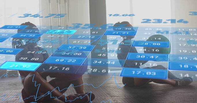 Sitting two women holding legs on mats at fitness studio, wearing sportswear, HUD overlay - Powered by Adobe