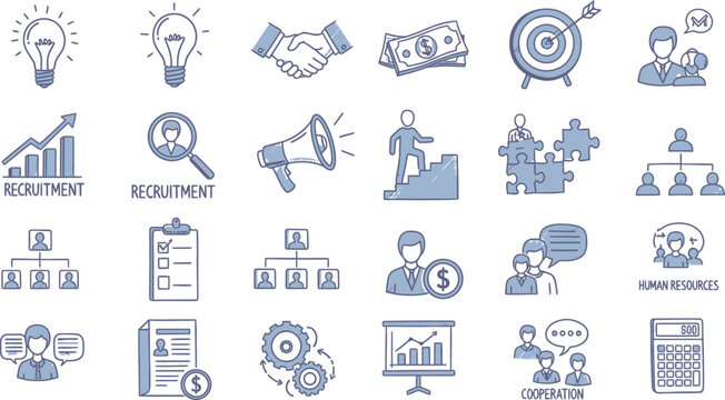 Business Concept Icons Set of Recruitment Cooperation Human Resources in Blue Sketches