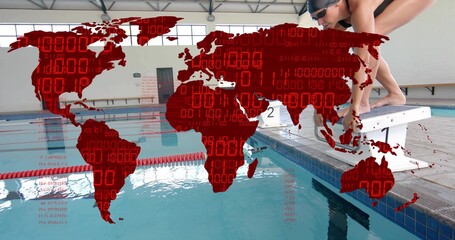 Preparing swimmer wearing dark swimsuit, crouching on block at pool, red map overlay, copy space