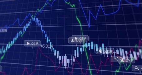 Showing candlestick chart with blue bars on trading screen showing trend lines grid bubbles +6