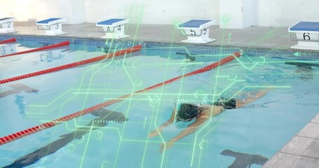 Swimming woman cutting lap in pool hall, wearing swimsuit, cap, goggles, HUD overlay, copy space