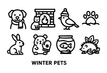 Fototapeta premium Winter pets gather around a warm fireplace. A dog in a scarf, a cat by the fire, and various animals illustrate cozy moments in winter settings.