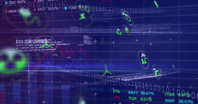 Displaying virtual dashboard showing red blue line graphs, bar charts, binary code, floating icons