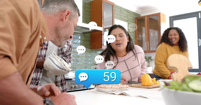 Leaning woman pink-sweater inspecting pie on white island, cutting-board pepper-knife, blue-chat-59