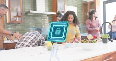 Chopping woman in yellow sweater prepping salad at white island with AR lock overlay