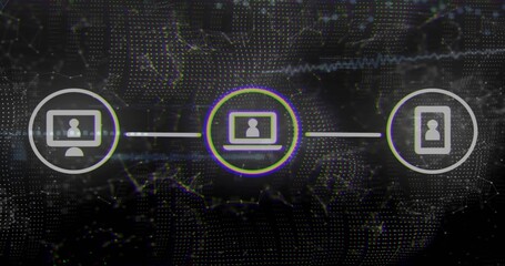 Highlighting central laptop icon glowing in virtual network with connecting lines, desktop  and  tab