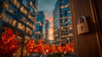 Secure your digital assets with this modern padlock icon, symbolizing trust and protection against cyber threats in a vibrant cityscape