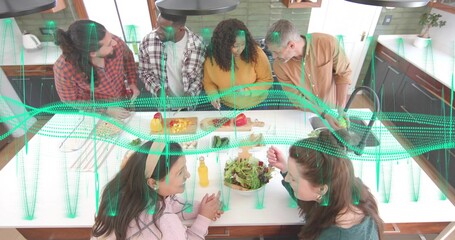 Preparing six adults in casual clothes chopping veggies at kitchen island with board and green grid © vectorfusionart