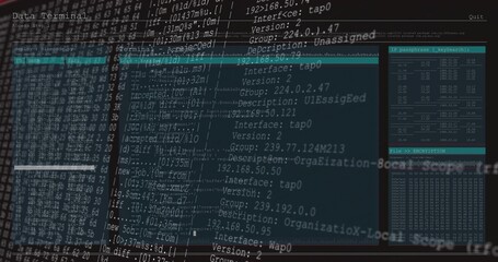 Showing terminal streaming logs on screen at dim desk with Data Terminal header left-hex right-keys