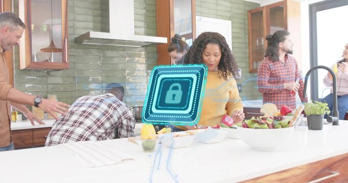 Chopping woman in yellow sweater prepping salad at white island with AR lock overlay