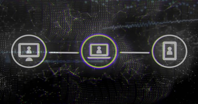 Highlighting central laptop icon glowing in virtual network with connecting lines, desktop  and  tab
