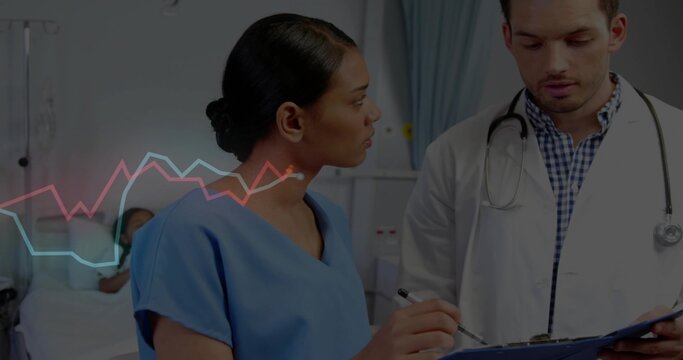 Pointing pen at clipboard, female nurse in blue scrubs consulting doctor at bed with overlay graph