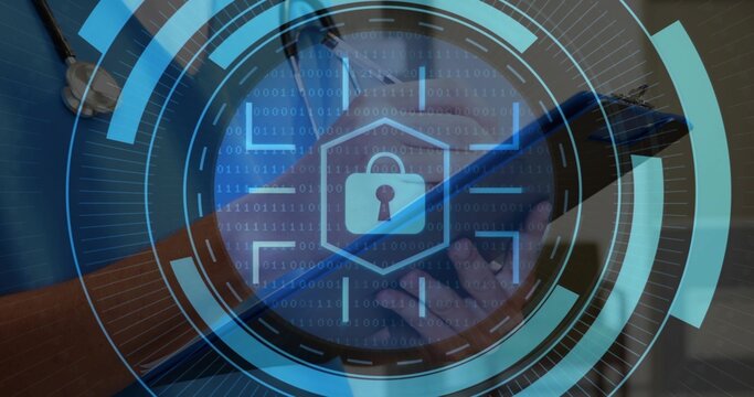 Tapping clinician's fingers in scrubs on tablet at clinic desk, showing padlock HUD and stethoscope