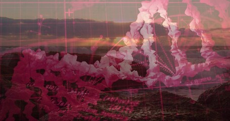 Obraz premium Floating translucent DNA-like helix crossing coastal sunset shoreline, blending with magenta grid