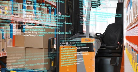 Fototapeta premium Parking orange pallet jack with seat, column in warehouse aisle, showing pallet racks, code overlay