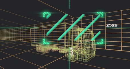 Rendering wireframe semi-truck and trailer moving through orange grid corridor, with HUD 2529