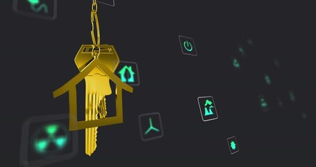 Shining gold house-shaped keychain holding gold keys over dark gradient with teal icons, copy space