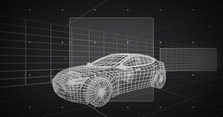 Rendering wireframe passenger car model in CAD workspace, showing grid plane and UI panels