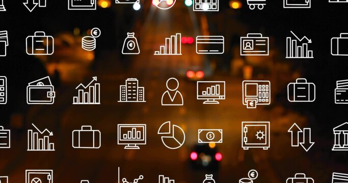 Displaying grid of white financial icons overlaying street at night, showing taillights and lamps