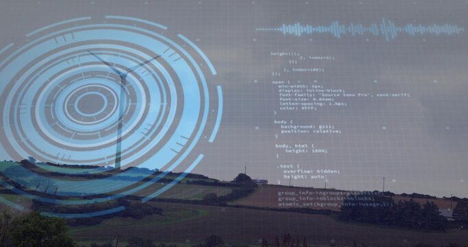 Displaying single tall wind turbine rotating blades on rural ridge, with blue HUD and code overlay