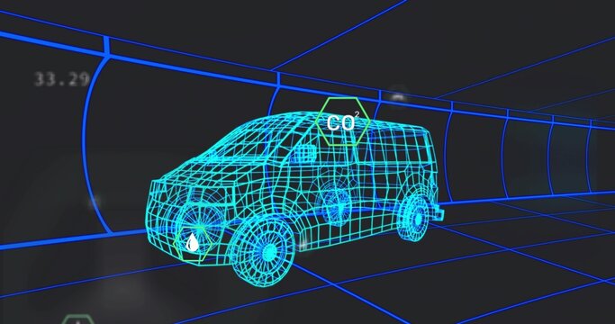 Displaying wireframe van model occupying centered tunnel corridor, showing blue floor grid, HUD CO2