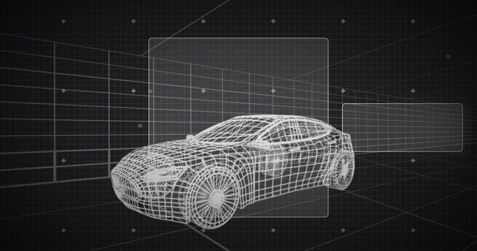 Rendering wireframe passenger car model in CAD workspace, showing grid plane and UI panels
