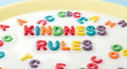 Kindness rules concept with colorful alphabet cereal letters in milk
