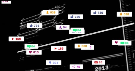 Floating cluster of notification badges moving across dark canvas with diagonal timeline, counters