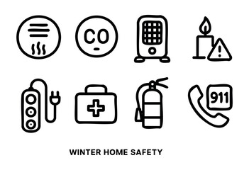 This visual guide highlights important winter home safety precautions. It features icons representing carbon monoxide, heating devices, candles, emergency contacts, and more to promote awareness and s