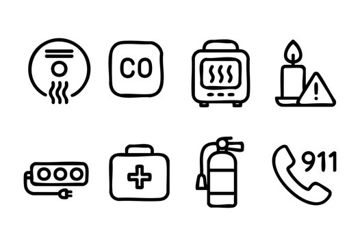 Various safety symbols represent essential items for emergency preparedness. These include a smoke detector, carbon monoxide detector, heater, candle, first aid kit, fire extinguisher, and emergency c
