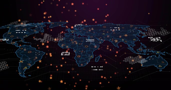 Naklejki Projecting holographic map with cyan outlines over 3D grid floor showing hex mesh nodes amber stars