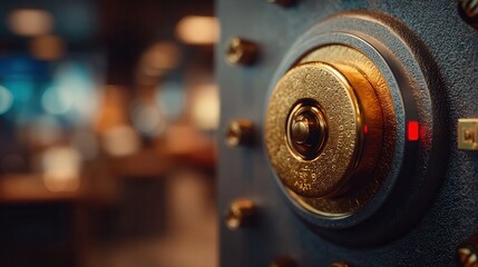Secure golden vault dial and lock mechanism with subtle red indicator light, exuding safety and trust in a dimly lit, professional setting.