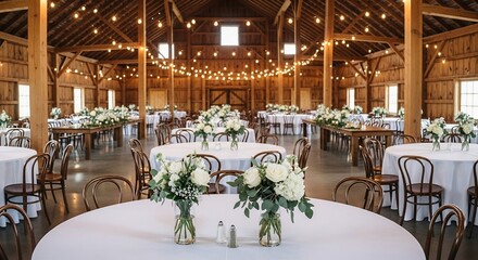 Elegant barn wedding reception venue decorated with white floral arrangements and string lights.