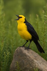 Naklejka premium Saffron-cowled Blackbird (Xanthopsar flavus) calling from a top of rock