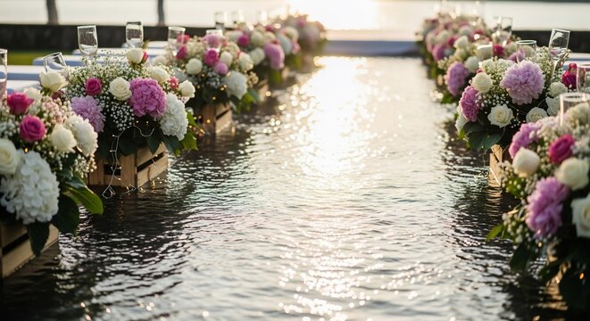 Elegant outdoor event setup with floral arrangements in shallow water reflecting sunlight.