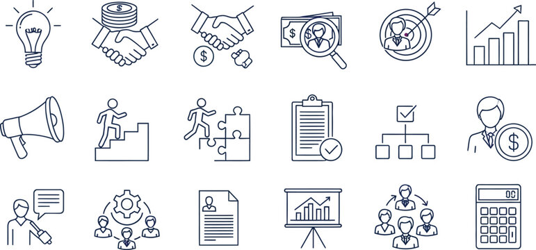Business Thin Line Icon Set with Light Bulb, Handshake, Stairs, Teamwork and Chart