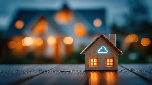 Cozy miniature wooden house with glowing windows and a bright cloud icon symbolizing smart home technology and comfort