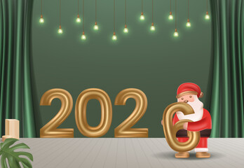 Santa Claus Holding Number 6 Golden Balloon Decorating Golden 2026 Numbers Under String Lights on Green Stage with Festive Christmas Mood