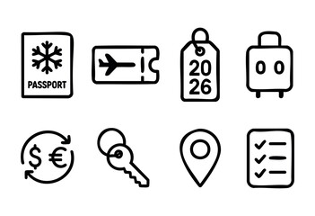 Various travel symbols depict important items for planning a trip, including a passport, flight ticket, key, and a checklist. These icons suggest preparation and organization for future travels.