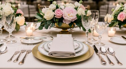 Elegant wedding table setting with floral centerpiece and gold charger plate.