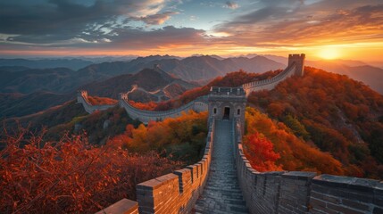 Great wall of china at sunrise with autumn colors
