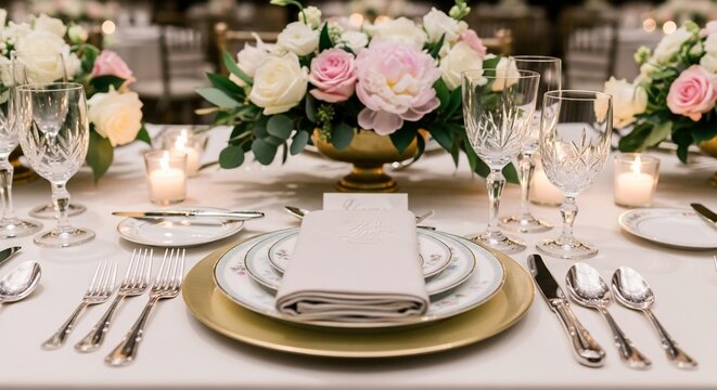 Elegant wedding table setting with floral centerpiece and gold charger plate. - Powered by Adobe