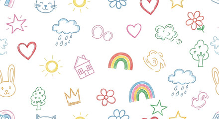 Fototapeta premium Childlike Doodles of Rainbows, Clouds, Hearts, Stars on Transparent Background