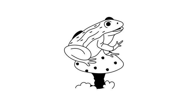 A playful frog sitting on a mushroom in a watery habitat