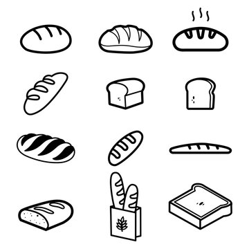 Ic&ocirc;nes de pains vari&eacute;s. Baguette, boule, pain de mie et tranches