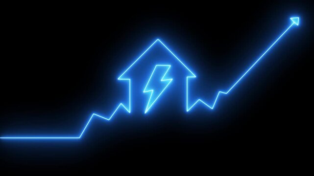 blue  neon glowing house with lightning bolt and upward arrow symbolizing energy growth and power rise