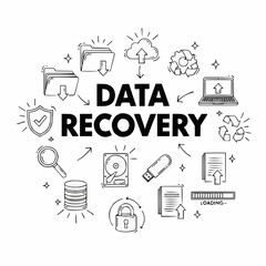 Data Recovery Doodle Illustration with Icons and Hand-Drawn Elements